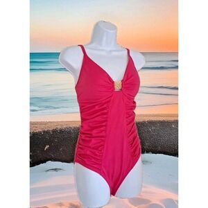 Tropical Escape One Piece Swim Suit Size 12 Pink Gold Hardware Adjustable Straps